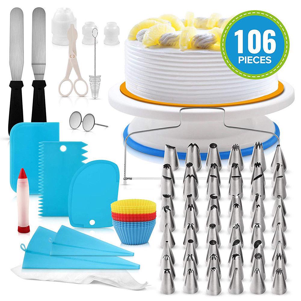 106-teiliges professionelles Backwerkzeug-Set aus Edelstahl zum Selbermachen, Kuchendekorationszubehör-Set, Kuchen-Drehteller-Set gray