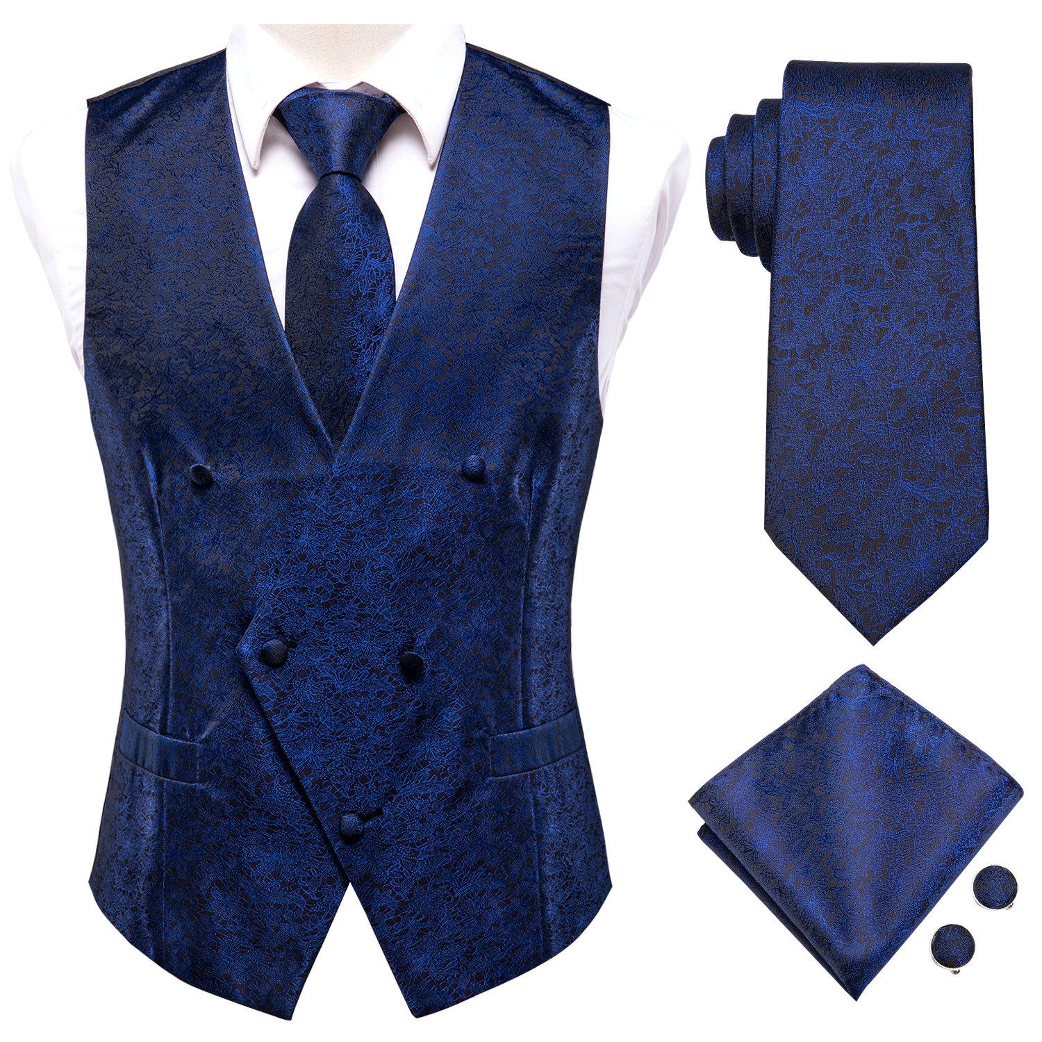Mode Herren Anzug Weste Rot Blau Paisley Weste Krawatte Einstecktuch Manschettenknöpfe Set für Hochzeit XXXL blau