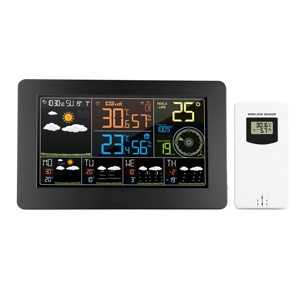 Multifunktionale Farb-WLAN-Wetterstation, APP-Steuerung, intelligenter Wettermonitor, Innen- und Außentemperatur, Luftfeuchtigkeit, barometrischer Wind US Plug