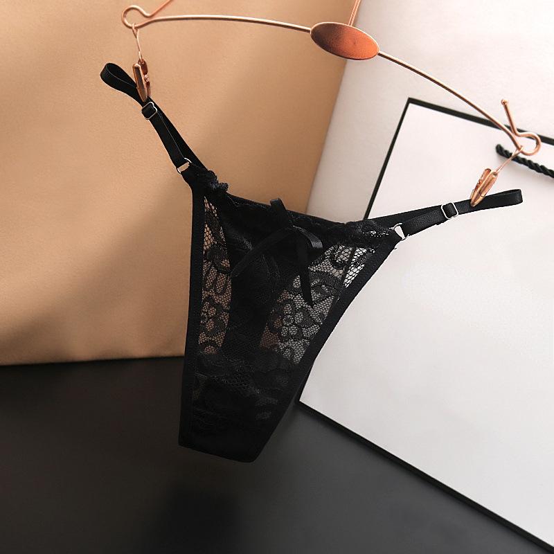 Einstellbare Spitze Thongs Höschen Frauen Unterwäsche Sexy Thongs Frauen Niedrige Taille Feste Unterwäsche Nahtlose Weibliche Unterhose Dessous One size schwarz