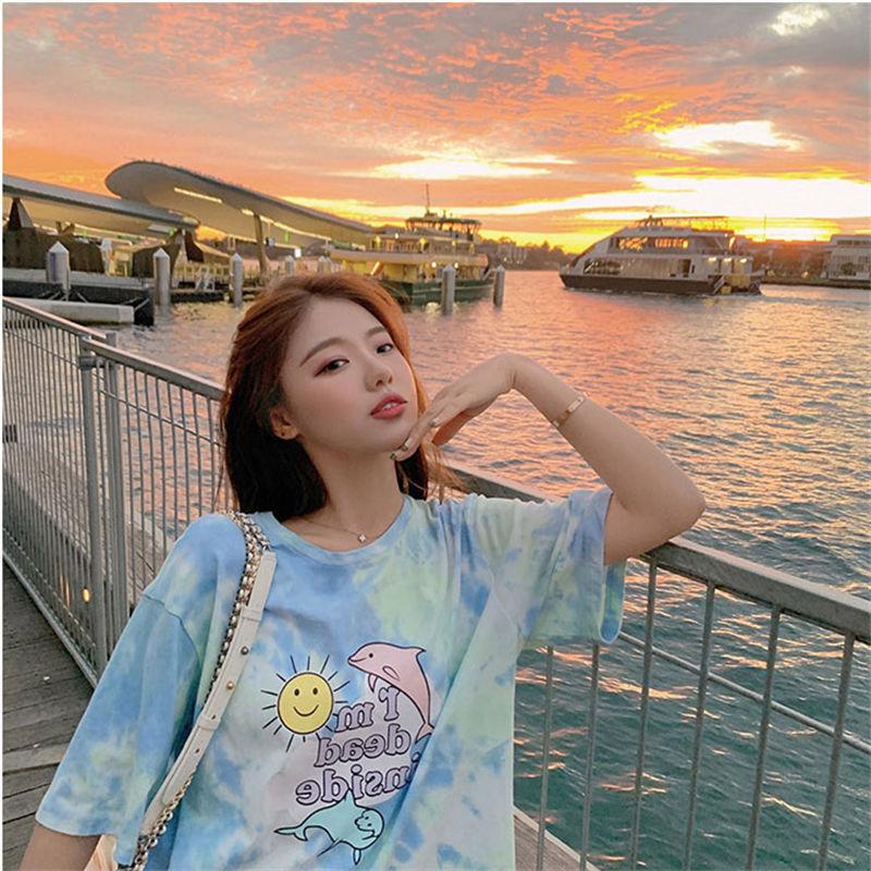 Cartoon Printed Summer Clothing Korean New Mid-length Short-sleeved T-shirt for Women Loose Student Round Neck Casual Women's Clothing 2XL blau