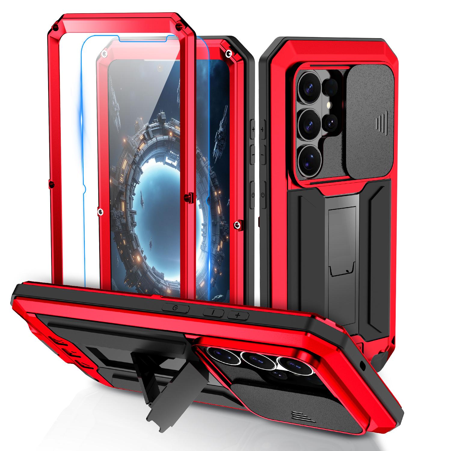 Robuste Aluminium-Metallhülle für Samsung S26 Edge S25 S24 S23 S22 Plus S21 Ultra Kratzfeste Stoßfeste Abdeckung Glas Displayschutzfolie aluminum&Case & Camera Protector&Galaxy S24 Ultra rot