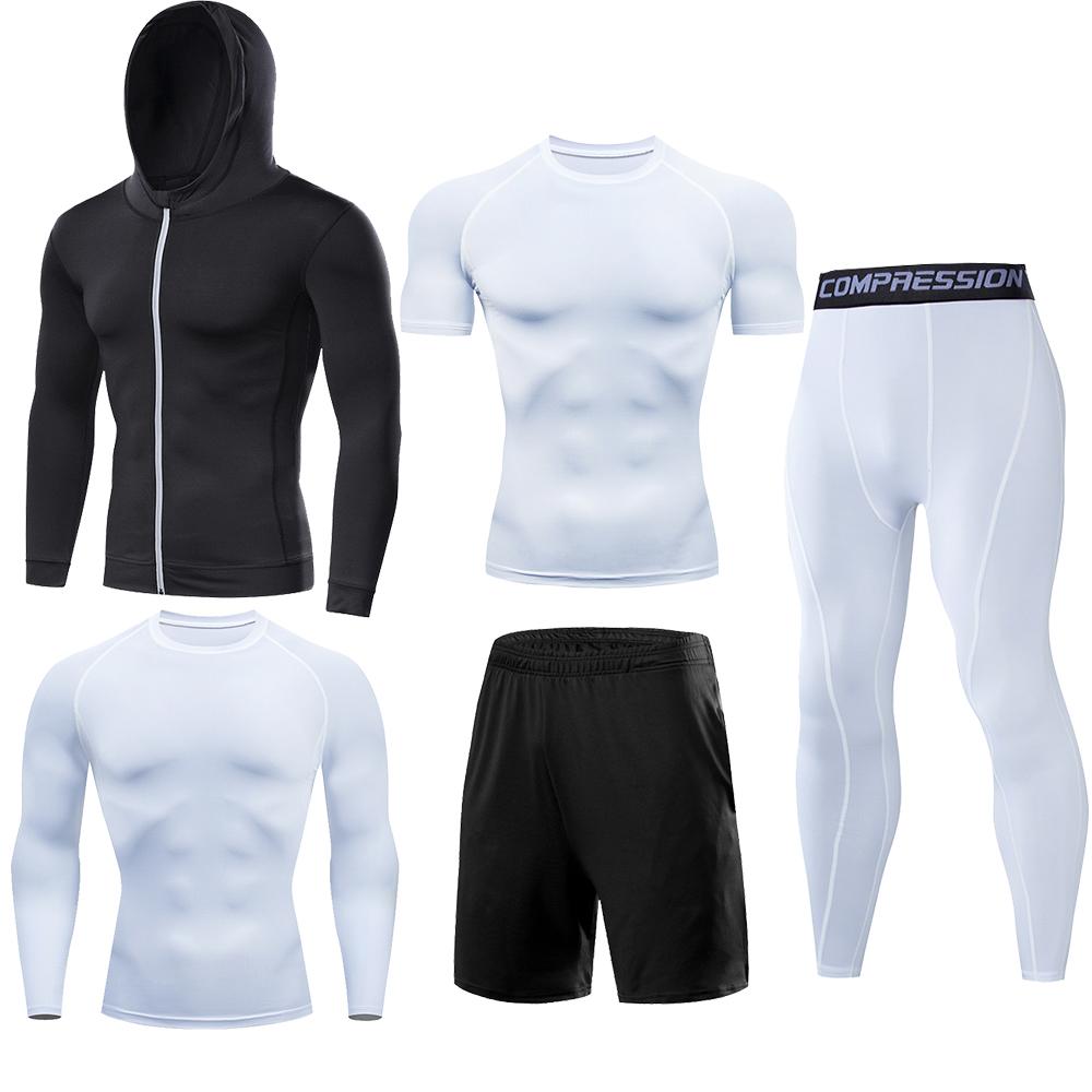 5 Teile/satz Männer Kompression Sport Anzüge Lauf Sets Basketball Training Strumpfhosen Kleidung Gym Fitness Jogging Sport Trainingsanzüge XL weiß