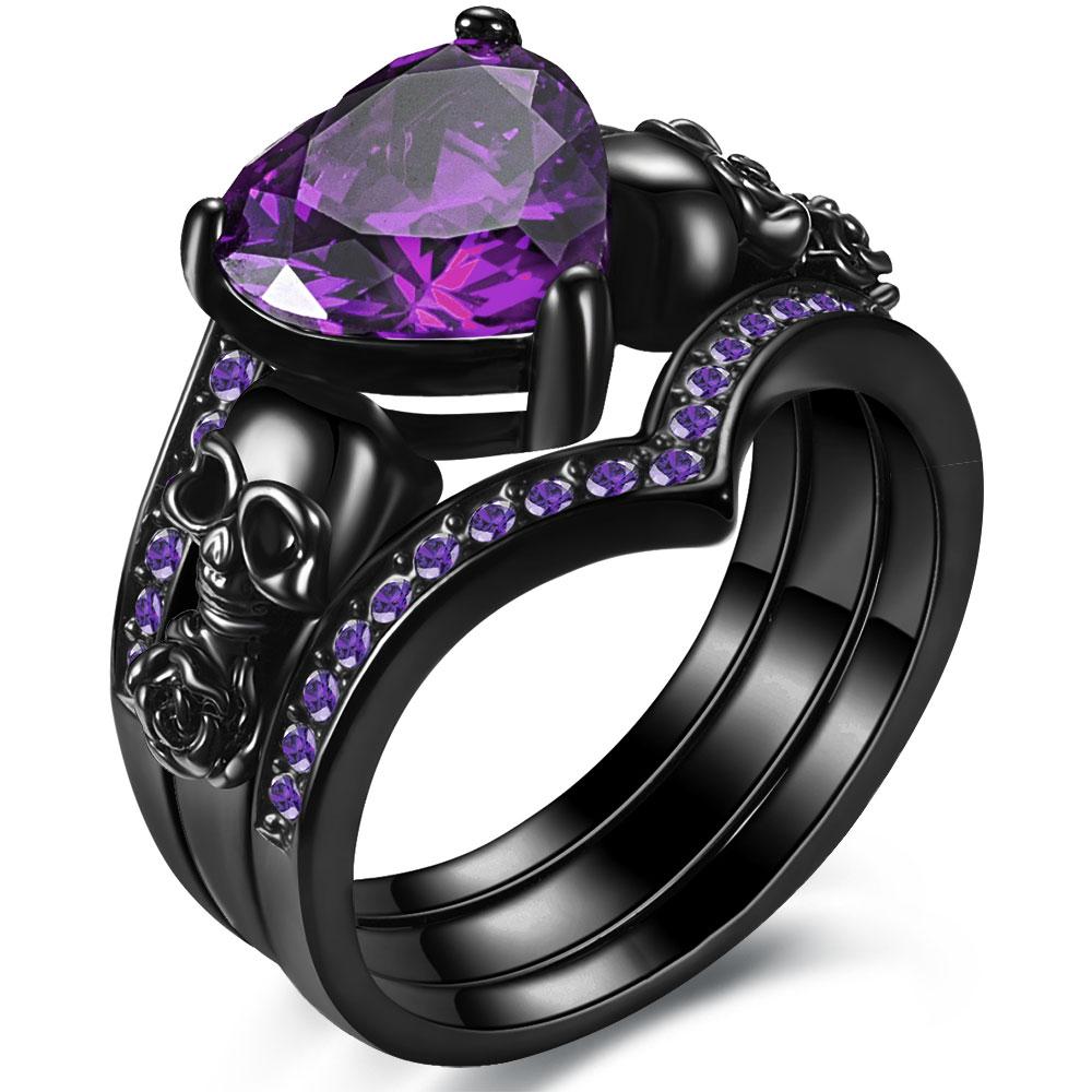 Gotische Totenkopf Verlobungsringe Sets Zirkonia Hochzeit Jahrestag Ringe Braut Cocktailparty Biker Schmuck 7 black
