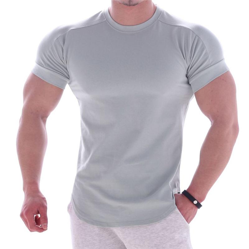 Muskulöse Herren-Fitness-Kleidung, Sport-T-Shirt, eng anliegend, elastisches Training, schnell trocknende Kleidung, lässig, kurze Ärmel 3XL licht grau