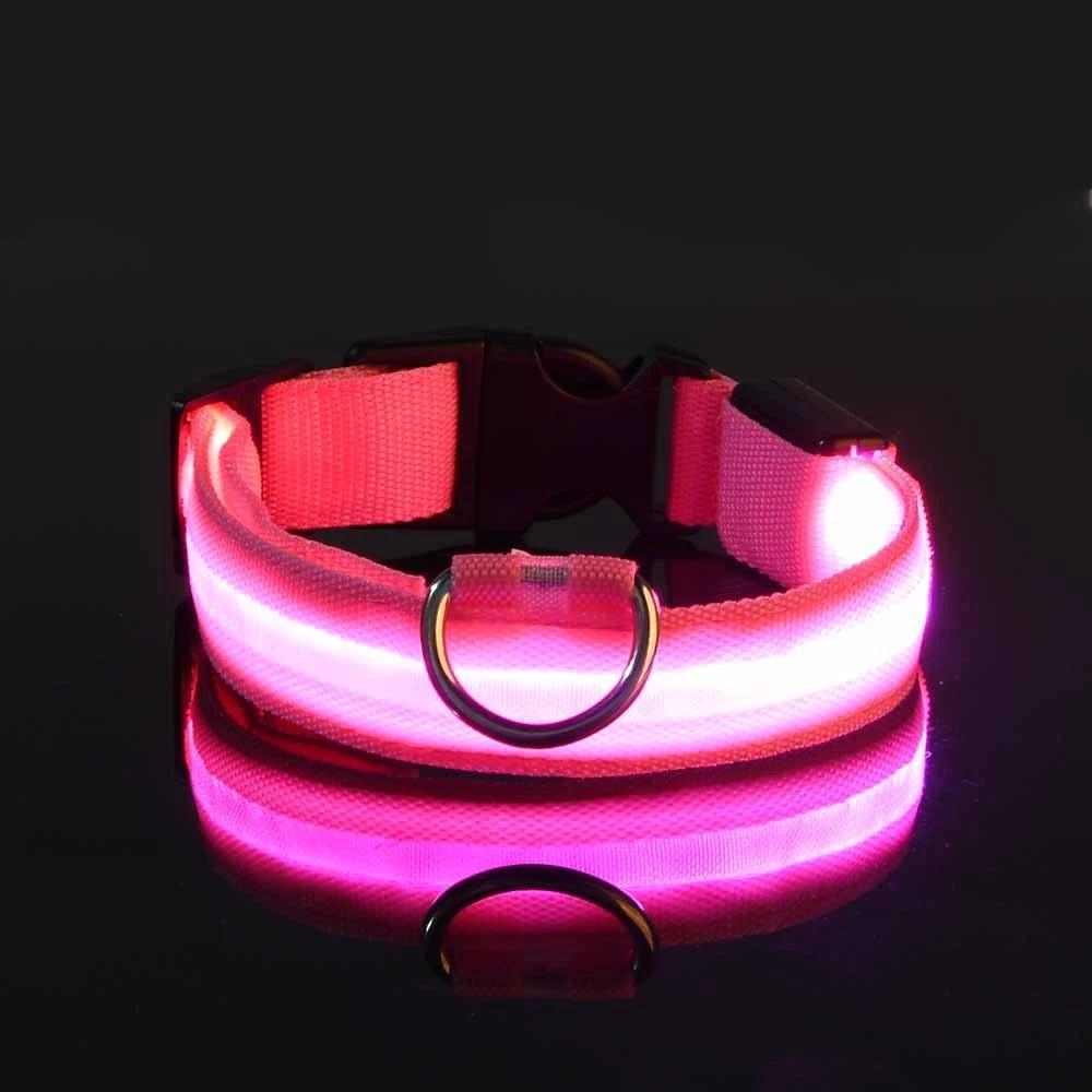 Hundehalsband aus Nylon, LED-Nachtsicherheit, blinkend, leuchtet im Dunkeln, Haustier-Hundeleine, leuchtendes fluoreszierendes Hundezubehör, Halsband S rosa