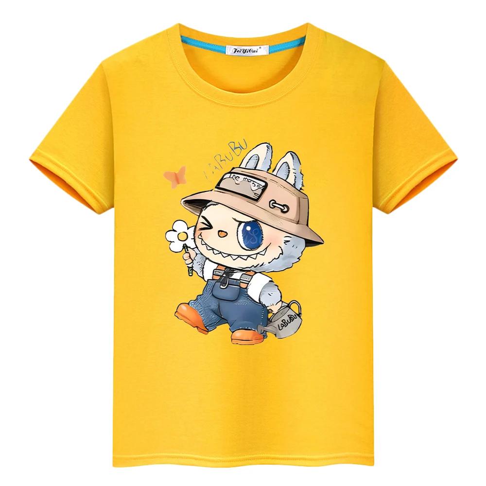 labubu 100% Baumwolle T-Shirt für Kinder Junge 10 Jahre Kleinkind Mädchen Kleidung Kawaii Oberteile Anime Kurz Stolz T-Shirt Y2K Kinderkleidung Mädchen 160 gelb