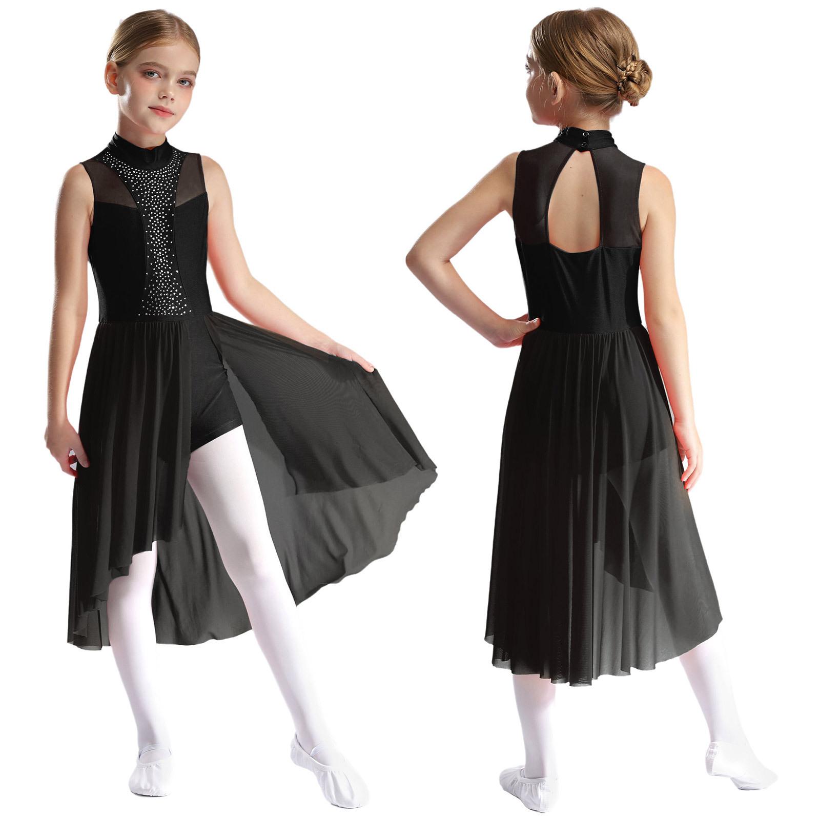 Eiskunstlauf-Tanzkleid für Kinder, Mädchen, ärmellos, Rollkragen, Cut-out auf der Rückseite, geschlitzt, asymmetrischer Saum, glitzernde Strass-Kleider 5-6 Years schwarz