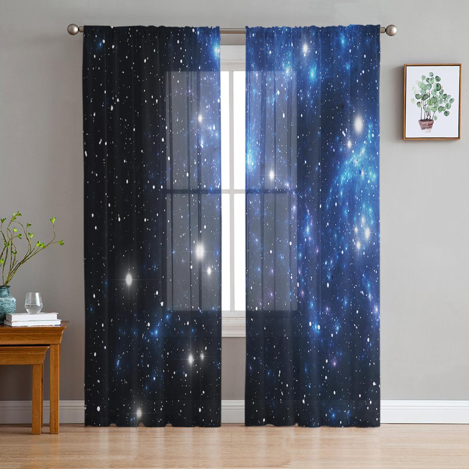 Rakete Fliegend Cartoon Universum Weltraum Weißer Tüll Durchsichtige Fensteröffnung Vorhänge ideal für Wohnzimmer Schlafzimmer Weltraum Voile Organza Vorhänge Vorhänge W135 x H115cm x1&Grommet Top black