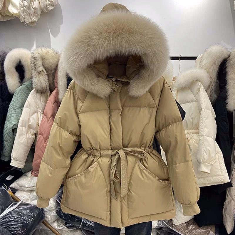 Winter Damen Daunenjacken Ultraleicht Warme Jacke Jacke Kapuzenparka Großer Pelzkragen Mantel L champagner