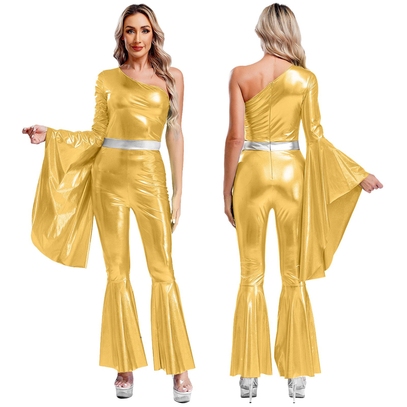 Damen 60er 70er Disco-Kostüm Hippie-Outfits Halloween Karneval Party Hip-Hop Tanzkostüme Metallic-Bodysuit-Overall M gold