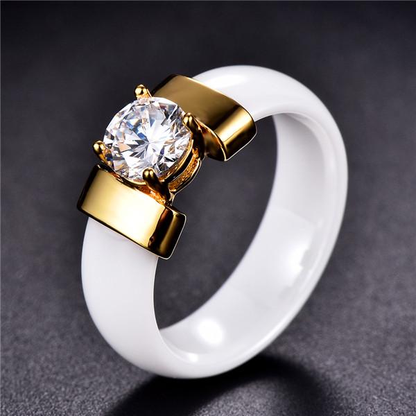 Glatter schwarz-weißer Keramikring, einfacher Kristallschmuck für Braut und Bräutigam, Geschenke, Größe 6–10 8 weiß/gold