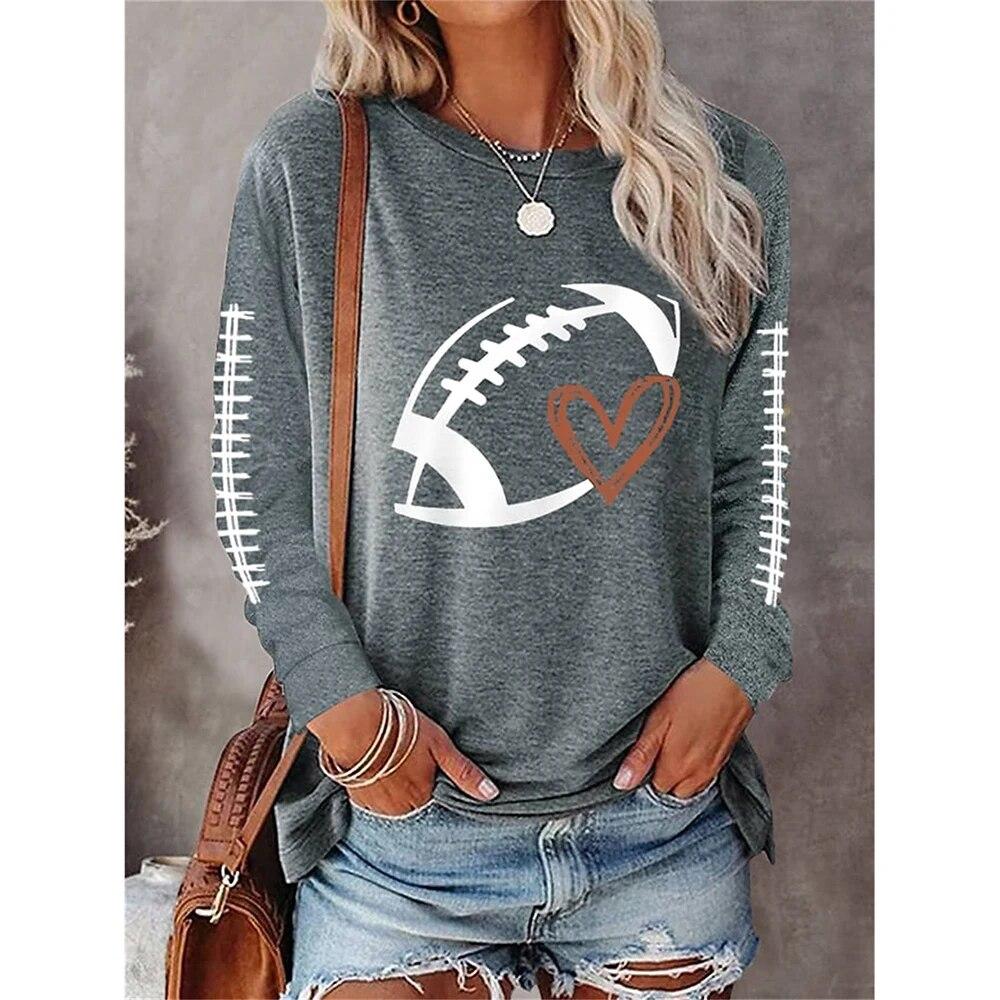 American Football Print Langarm Tops Schwarz T-Shirts Frauen Mode Casual Tees Lose Oansatz T Shirt Spiel Tag Damen Kleidung M