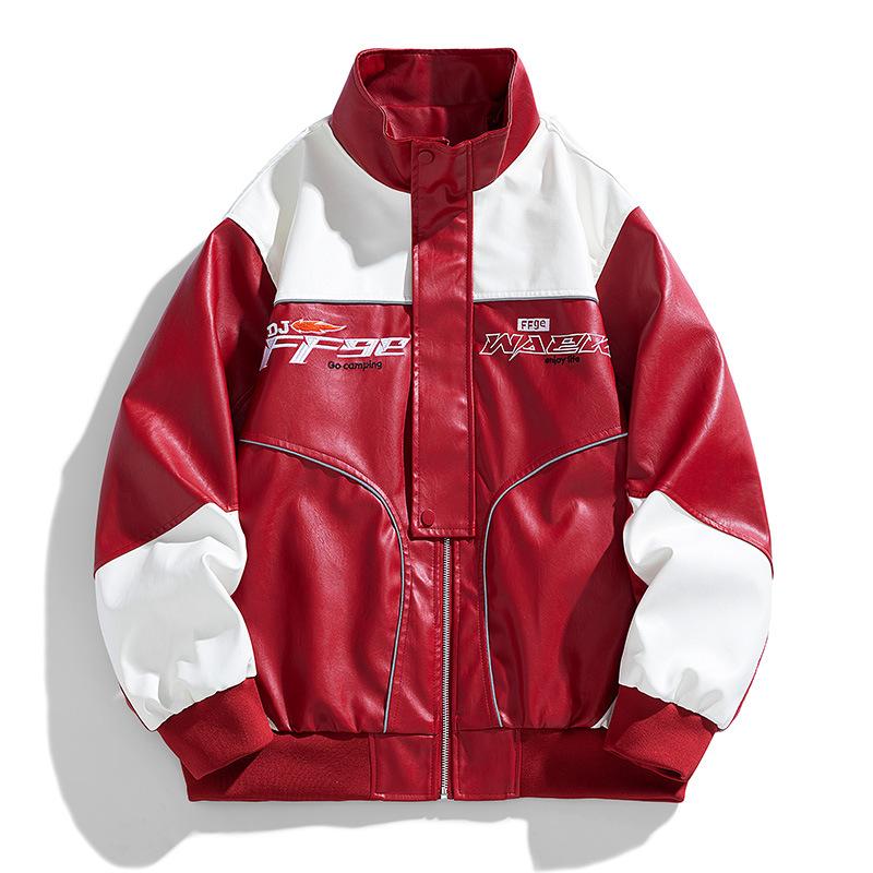 Jacke PU-Lederjacke Herren Herbst Locker Stehkragen Motorrad-Lederjacke Trendy Lockere Jacke Jacke M rot