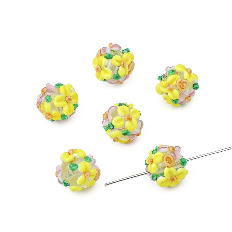Ausgefallene handgefertigte runde Blumen-Blütenblatt-Perlen aus Glas, Lampwork-Perlen, passend für Charms, Armbänder, Halsketten, DIY-Schmuckherstellungszubehör gelb