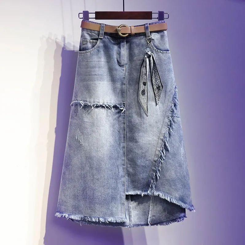 Frühling und Herbst Große Größe Loch Weiß Denim Rock Halb Rock Weibliche Pelz Rand Lange Absatz Ein Schritt Rock XXXL blau