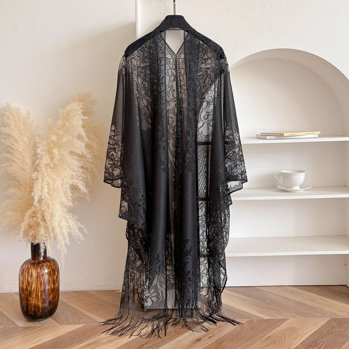 Sommer Cheongsam Außenstrickjacke Frühling und Sommer Dünn Temperament Spitze Hohl Quaste Antike Abaya Dubai Umhang One Size gray