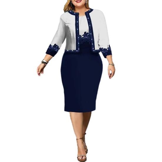 2 Teile/satz Schöne Bankett Mantel Kleid Set Blumen Drucken Pendeln Rundhals Kleid Geschäfts Situation Party Mantel Kleid Set Weibliche kleidung 3XL dunkelblaue