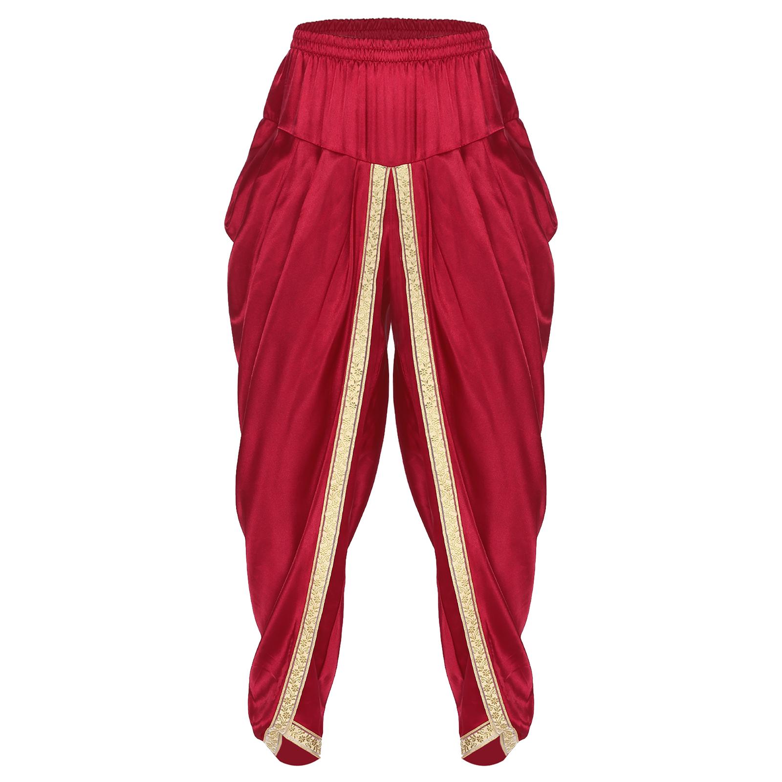 Herren Traditionelle Dhoti-Hose Satin Stoff Elastischer Bund Drapierter Stil Weite Hose Kulturelles Kostüm L bordeaux