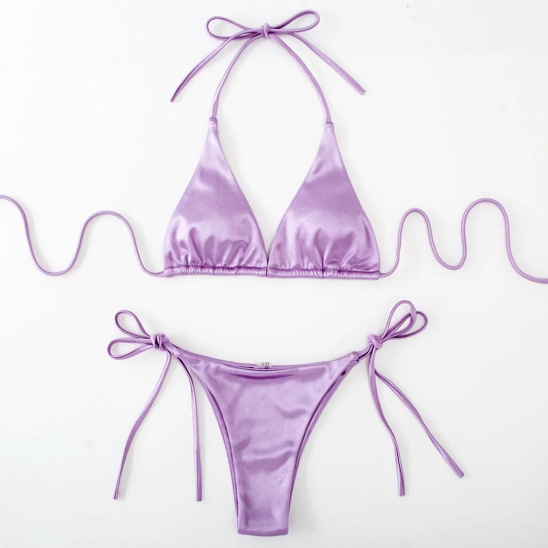 Sexy 13 Farben Neckholder Satin Brasilianischer Bikini Damen Bademode Damen Badeanzug Zweiteiliges Bikini-Set Badesachen Badeanzug Schwimm S licht lila