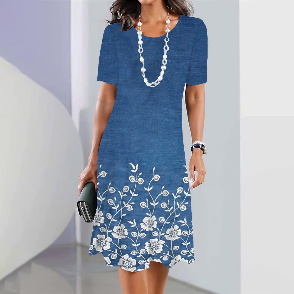 Sommerkleider mit kurzen Ärmeln, edles Damenkleid, lockerer A-Linienrock, Farbkonflikt-Druck, Damenkleidung, lässiger Pullover mit rundem Kragen M