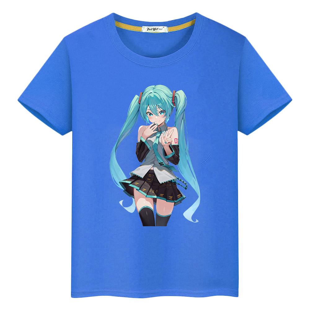 T-Shirt für Kinder Jungen 10 Jahre Hatsune Miku Druck Kawaii 100% Baumwolle Anime Kurz Stolz T-Shirt Y2K Kleinkind Mädchen Kleidung Kinderkleidung 110 blau