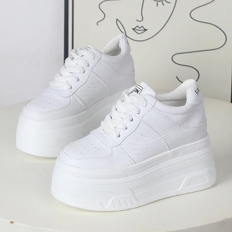Mode 12CM Synthetische Damen Stabile Hohe Plateau Klobige Sneakers Mode Frühling Herbst Vulkanisieren Kuh Echtleder Schnürschuhe 40 weiß