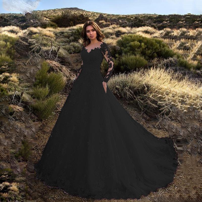 2026 Frühling & Sommer Neues Damen Langarm Ein-Schulter Braut Hochzeitskleid mit Spitzenjacquard für die Braut S schwarz