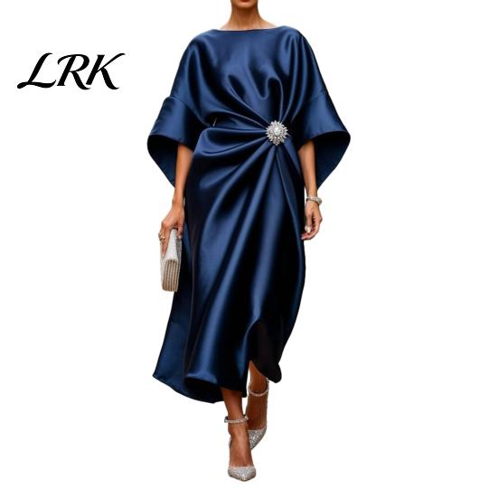 Alltags-Freizeitkleid Damen Satin Fledermausärmel Maxikleid, Strassstein-Akzent Rundhalsausschnitt Lockere Passform Damen Abendparty A-Linie Formell Hochzeit XXXL navy blau