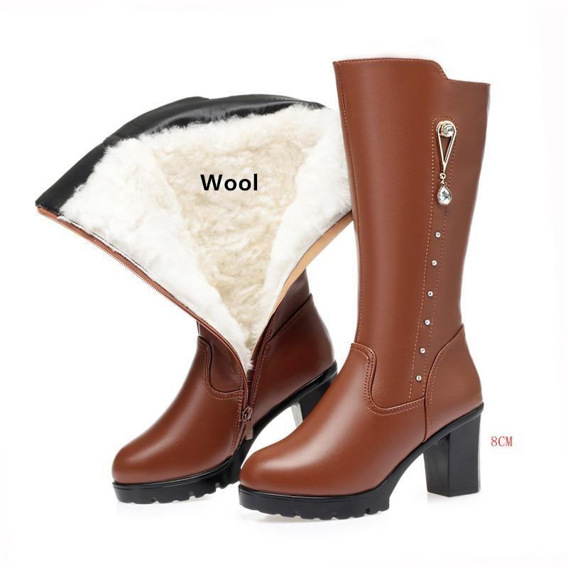 Winter Echtes Leder Frauen Lange Stiefel Wolle Wram Schnee Stiefel Frauen High Heel frauen Stiefel 38
