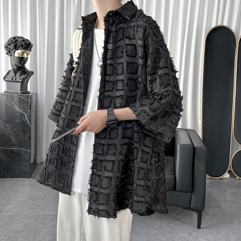 2025 Sommer Herren Koreanische Gestreifte Karierte Druckhemden Herrenmode Harajuku Lässig Übergroßes Hemd Herren Streetwear Kleidung M schwarz