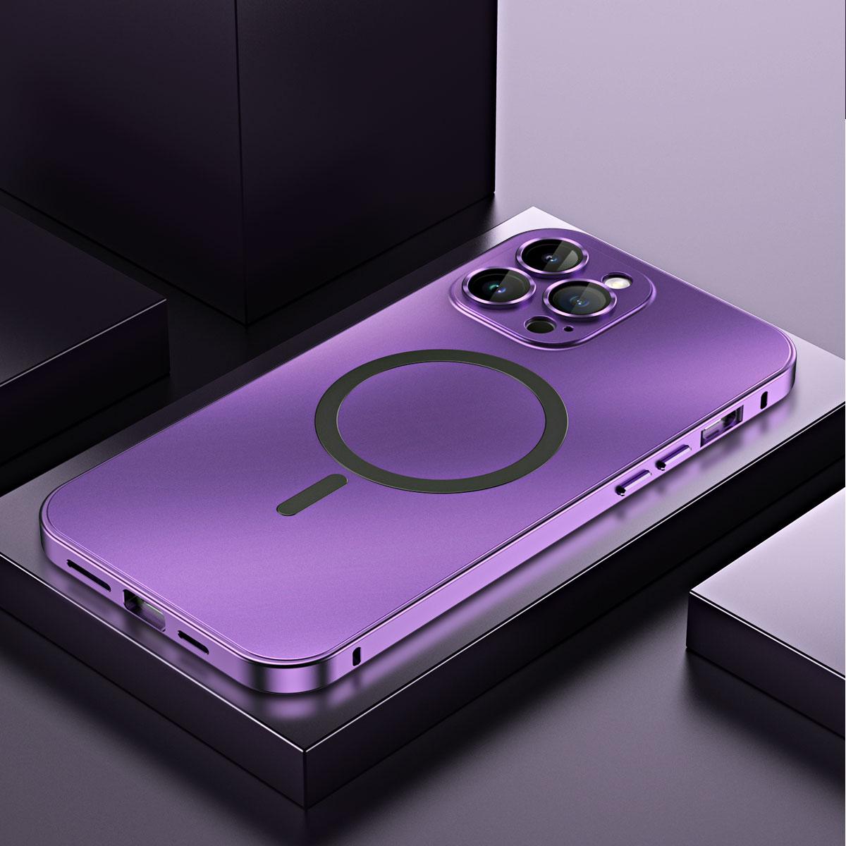 Metall Magnetische Matte Hülle Für iPhon 12 13 14 15 16 17 Pro Max 14Plus Für Magsafe Hülle Objektiv Legierungsfolie Aluminiumrahmen Kabelloses Laden For iPhone 14 violett