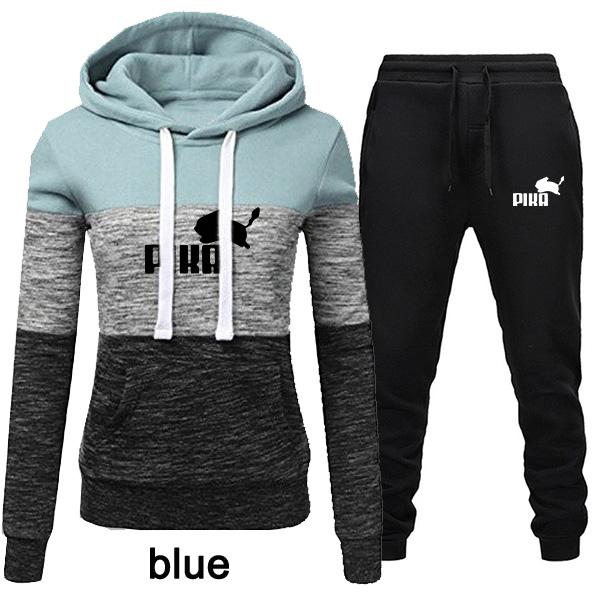 Frauen Mode 2 Stück Trainingsanzüge Farbe Patchwork Trainingsanzug Weibliche Lange Hülse Hoodies Sweatshirt und Jogginghose L see-blaue