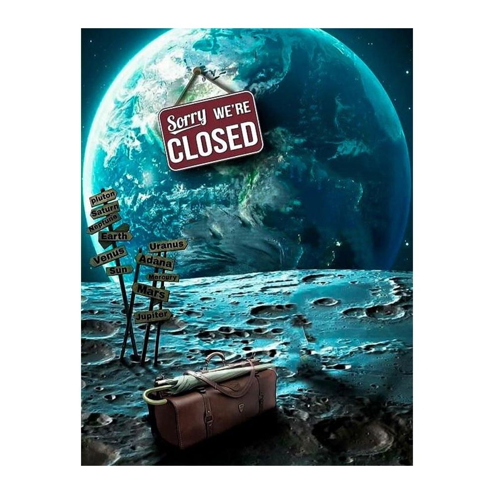 Astronaut trinkt Bier auf dem Mond, während er zusieht, wie die Erde zerstört wird. Moderne Leinwandmalerei, Poster, Drucke, Wohnzimmer, Wandkunst, Bilder, moderne Heimdekoration 20x30cm No Frame navy blau