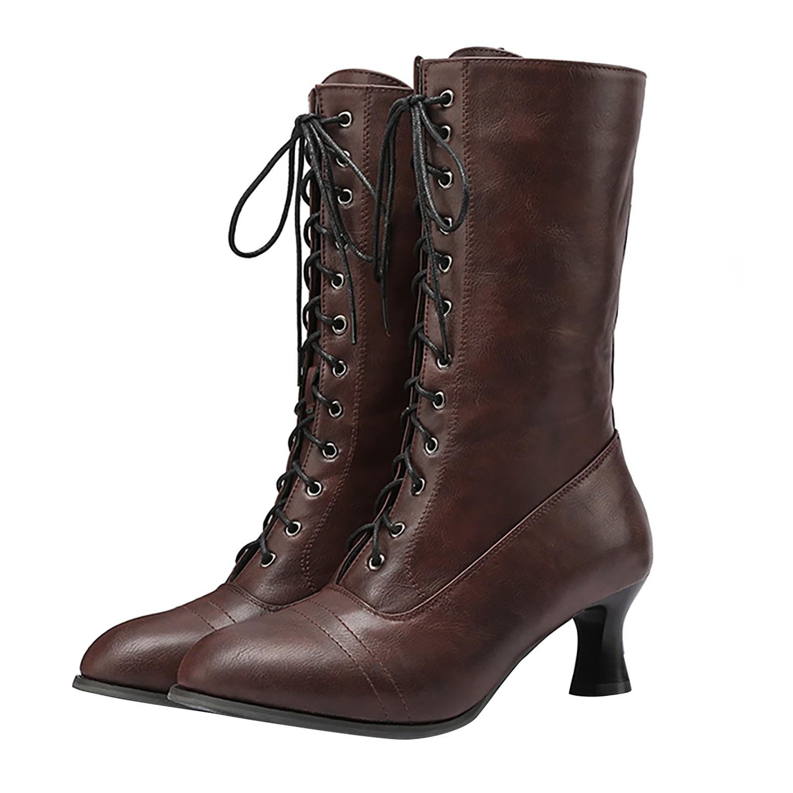 Vintage Stiefel Kurze Stiefel Dicke High Heel Mittlere Stiefel Damenstiefel 37 braun