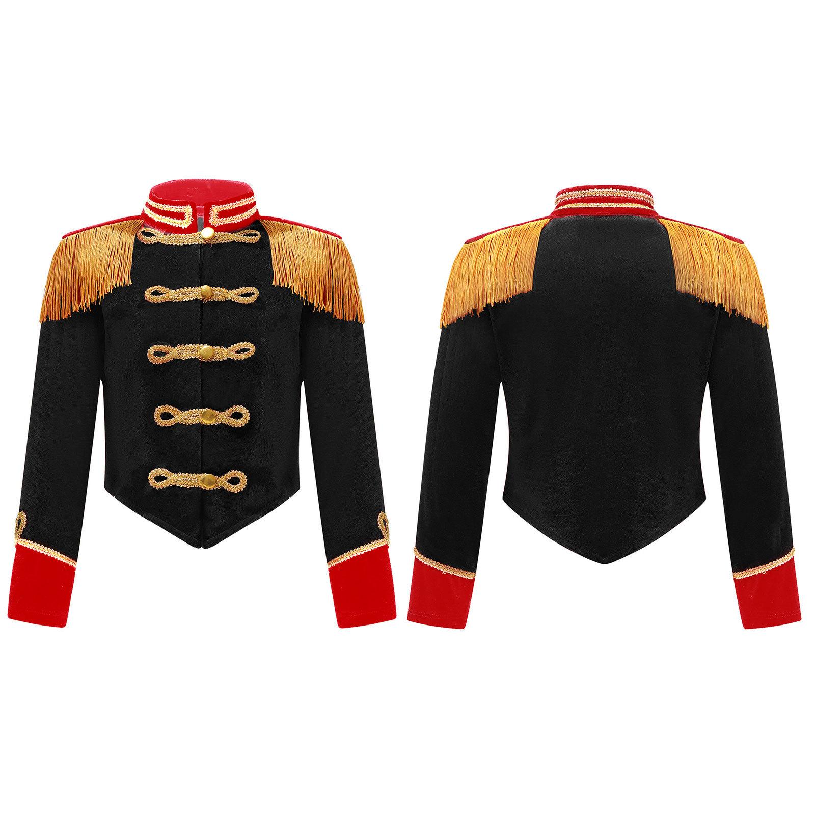 Kinder Jungen Mädchen Zirkus Ringmaster Quaste Frack Marching Band Uniform Tambourmajor Team Uniform 15-16 Years schwarz
