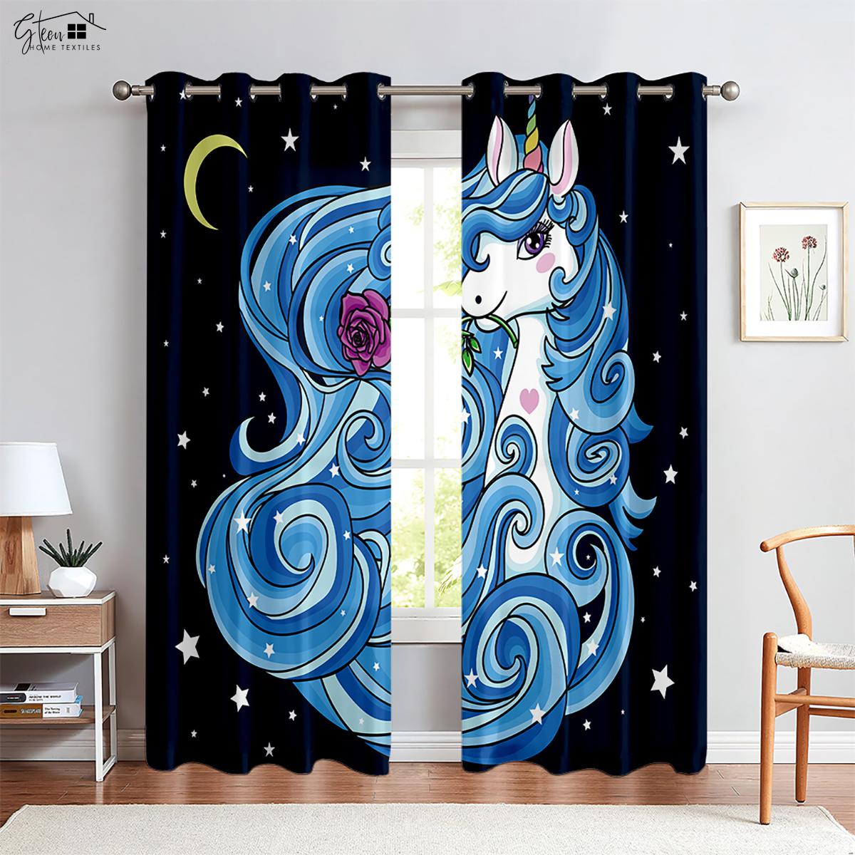 Einhorn Stern Wimpern Print Vorhänge Kinderzimmer Cartoon Dekorative Vorhänge Wohnzimmer Arbeitszimmer Vorhänge Heimdekoration W50xH130(CM)x2PCS&Rod pocket blue
