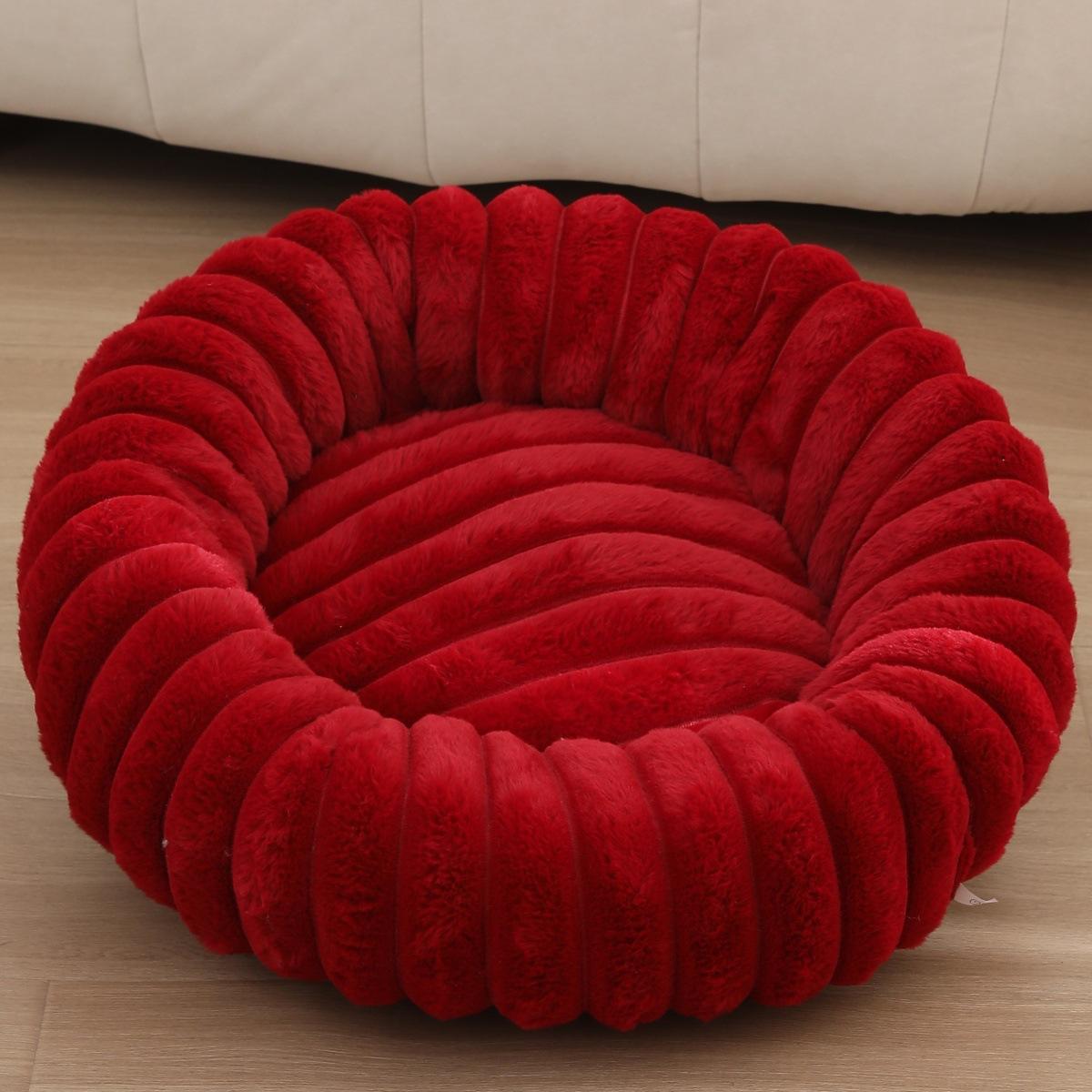Neues Haustiernest Hohe Grammzahl Gerader Streifen Kaninchen Plüsch Haustiermatte Langhaariges Rundes Katzennest Winterwarmes Hundebett Hundehütte 40cm red