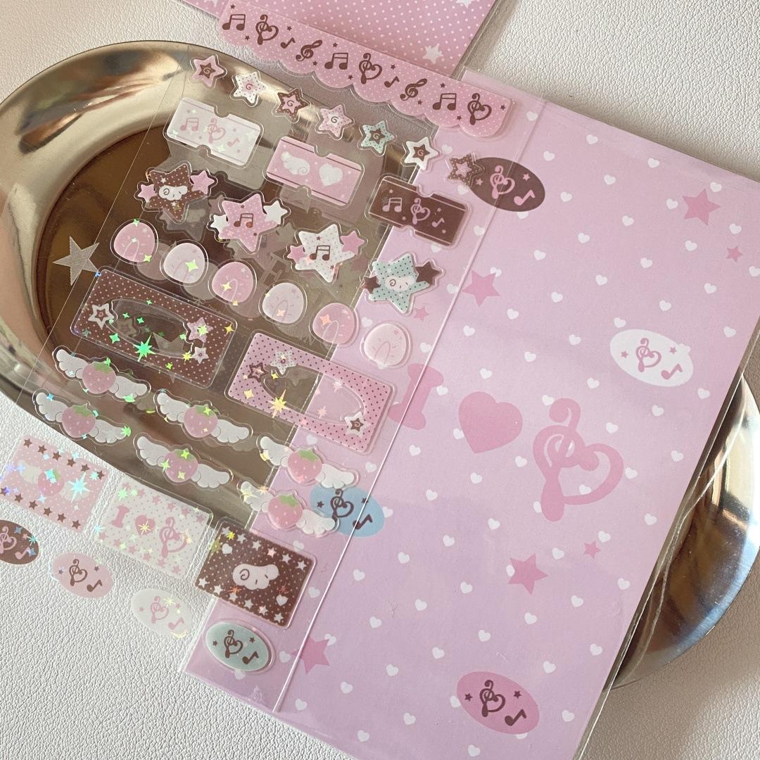 Niedliche Y2K Pinke Stern Aufkleber Glänzende Musiknoten Abziehbilder Scrapbooking für Handyhülle DIY Kawaii Mädchen Deko Laser Deko Aufkleber