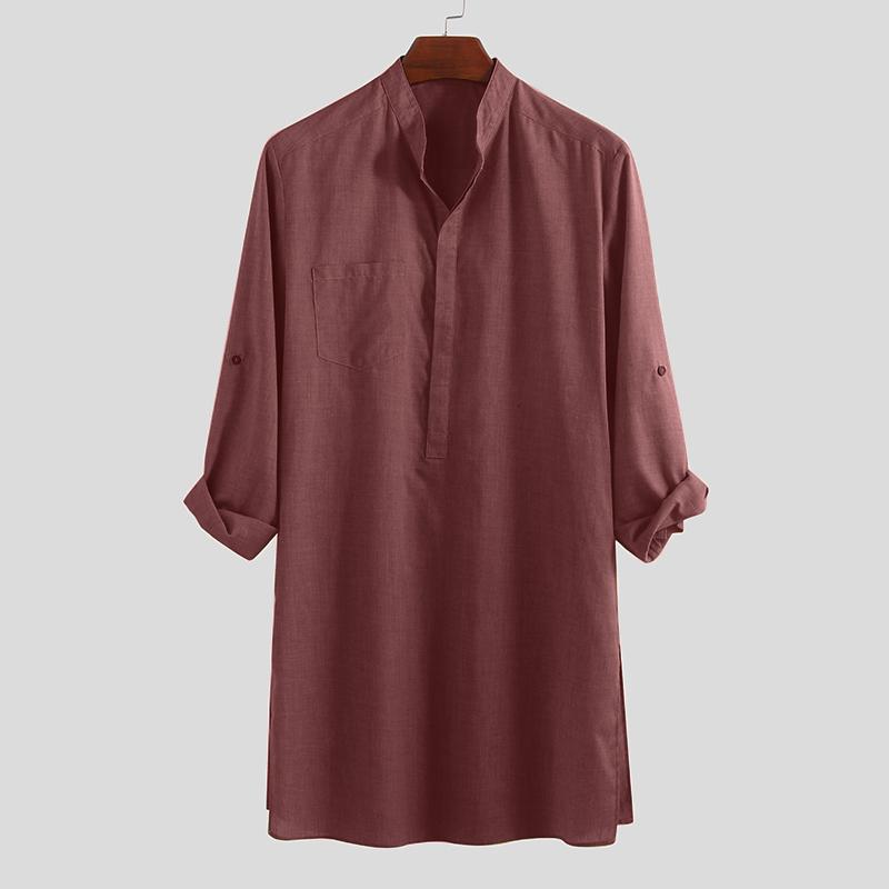 INCERUN S-5XL Herren Regular Fit Kragen Kurta Muslimische Kleider Abaya Kaftan Langarm Herrenhemd S wein rot
