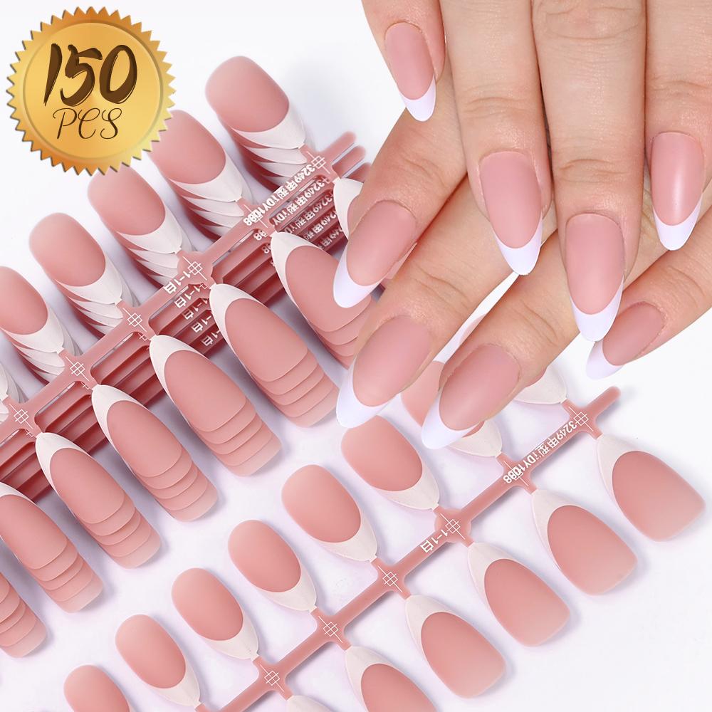 150 Stück/Set Weiße French-Nagelspitzen, mittel, Mandel, Nude, Pink, zum Aufdrücken der French-Nagelspitzen, matt, gefrostet, künstliche Nägel TD178-4