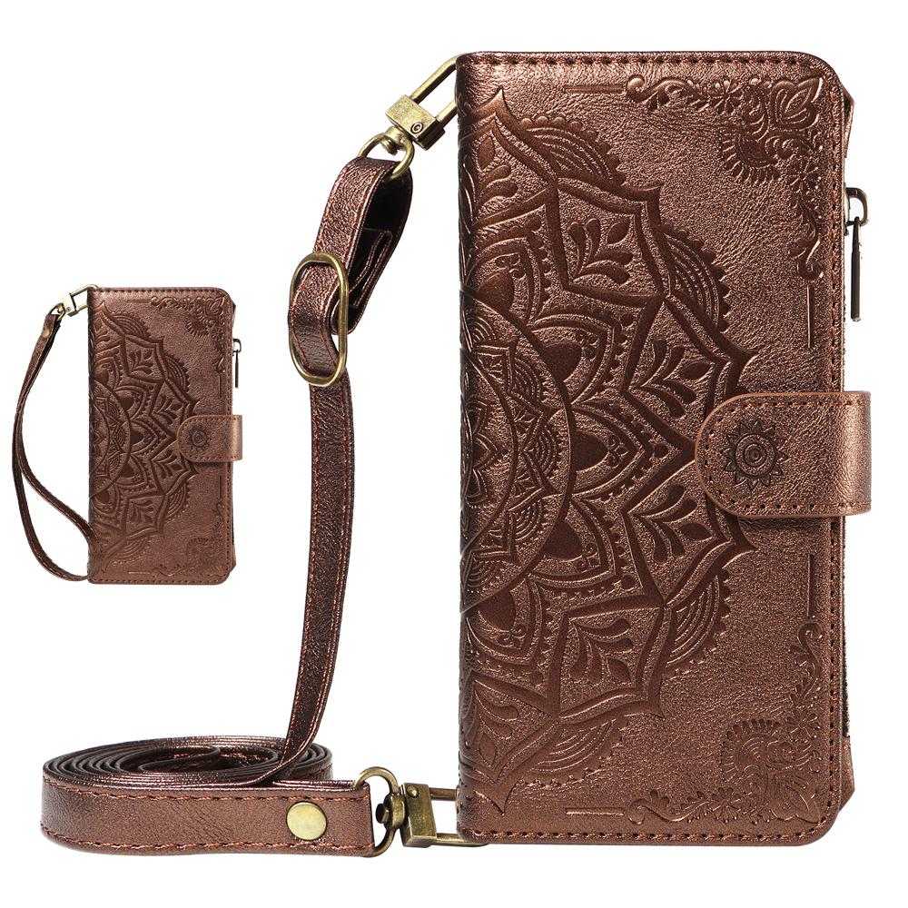 Mandala-geprägtes Leder-Portemonnaie Klapphülle für Samsung Galaxy S26 S25 S24 S23 S22 S21 S20 Ultra Plus FE Edge S10 S9 S8 S7 Galaxy S21+ 5G bronze