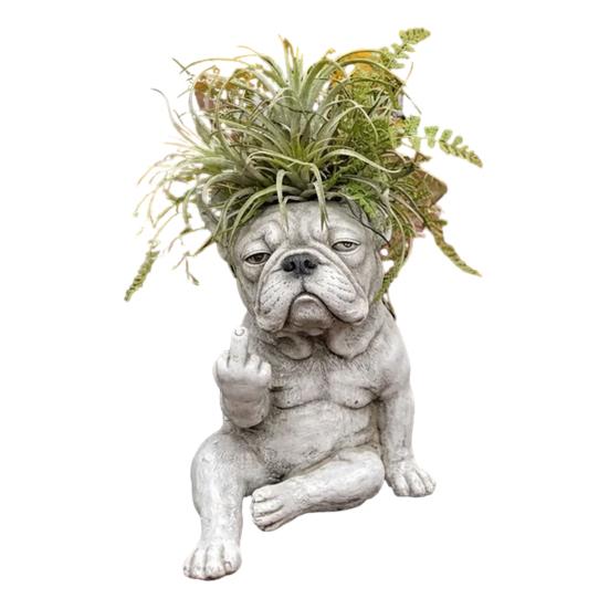 Bulldogge Hund Pflanzgefäß Lustiger Mittelfinger Hund Harz Blumentopf Niedliches Tierförmiger Pflanztopf für Zuhause Büro Schreibtisch Garten Dekoration A