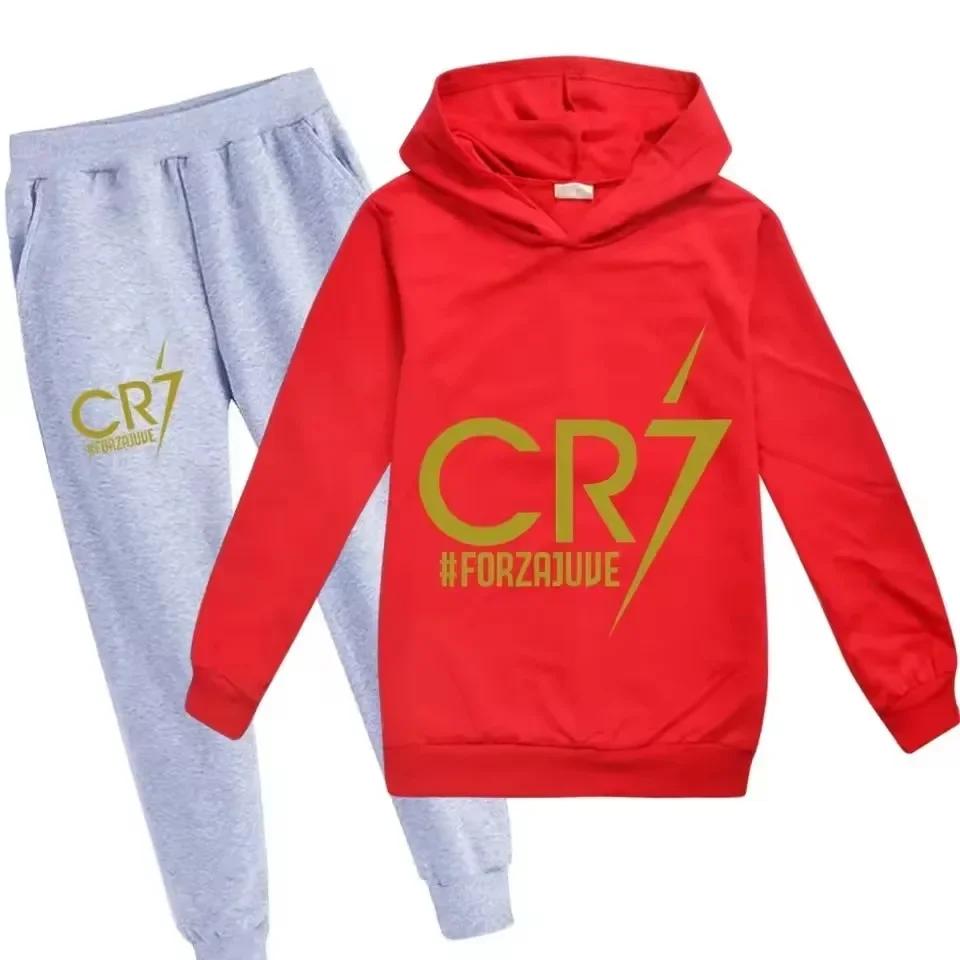 3-12 Jahre Frühling Herbst Fußball CR7 Aufdruck Hoodie+Hose Anzug Junge Sweatshirt 2-teiliges Set Jungen Hosenanzüge Kinderkleidung 130 white