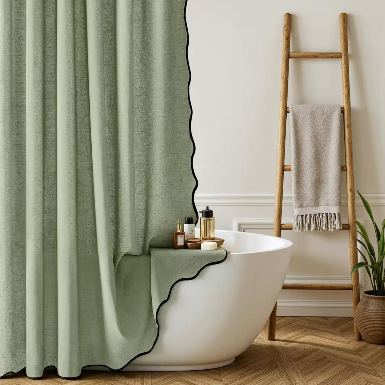 Faux Leinen Wellenkante Duschvorhang Wasserdicht Badezimmer Trennwand Sichtschutz Vorhang Duschvorhang Badewannen Dekoration 200*260cm grün