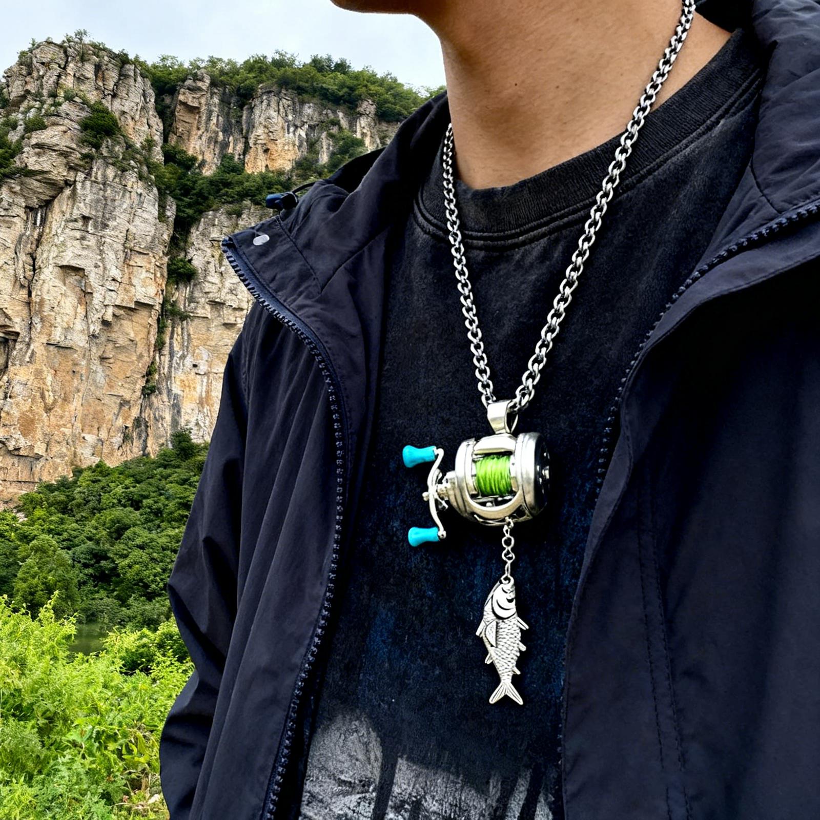 Angelrolle Schmuckset, Funktionsring & Halskettenanhänger mit Fischanhänger, Realistischer Angler-Themenschmuck, Alltagskleidung & Angelausflug One Size
