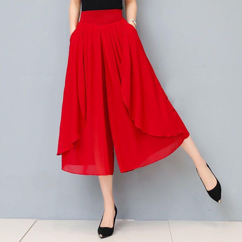 Frauen elastische Chiffon hohe Taille Sommer kurze Hose Hose Hose Culottes Rock M rot