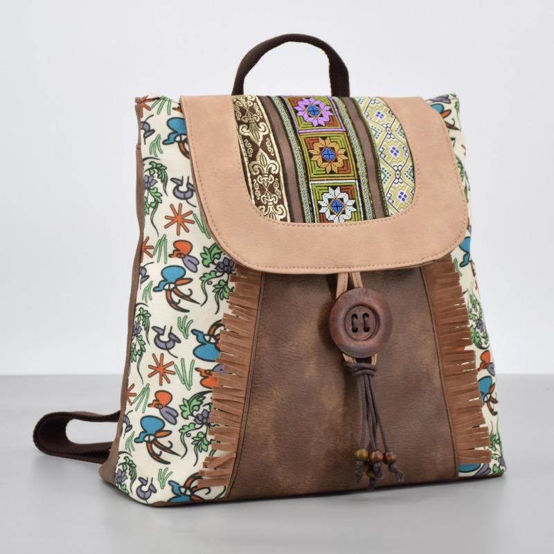 Rucksack Damen Persönlichkeit Pu Leder Leichte Tasche Große Kapazität Stickerei Rucksack Retro Quaste Tasche Schultasche dunkelbraune
