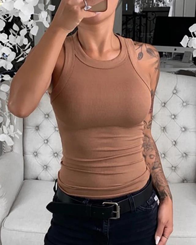Frauen Solide Rundhals Gerippte Tank Top Leibchen Frauen Sommer Grundlegende Elastische Tank Top O Neck Solide Tank Top Plus größe M