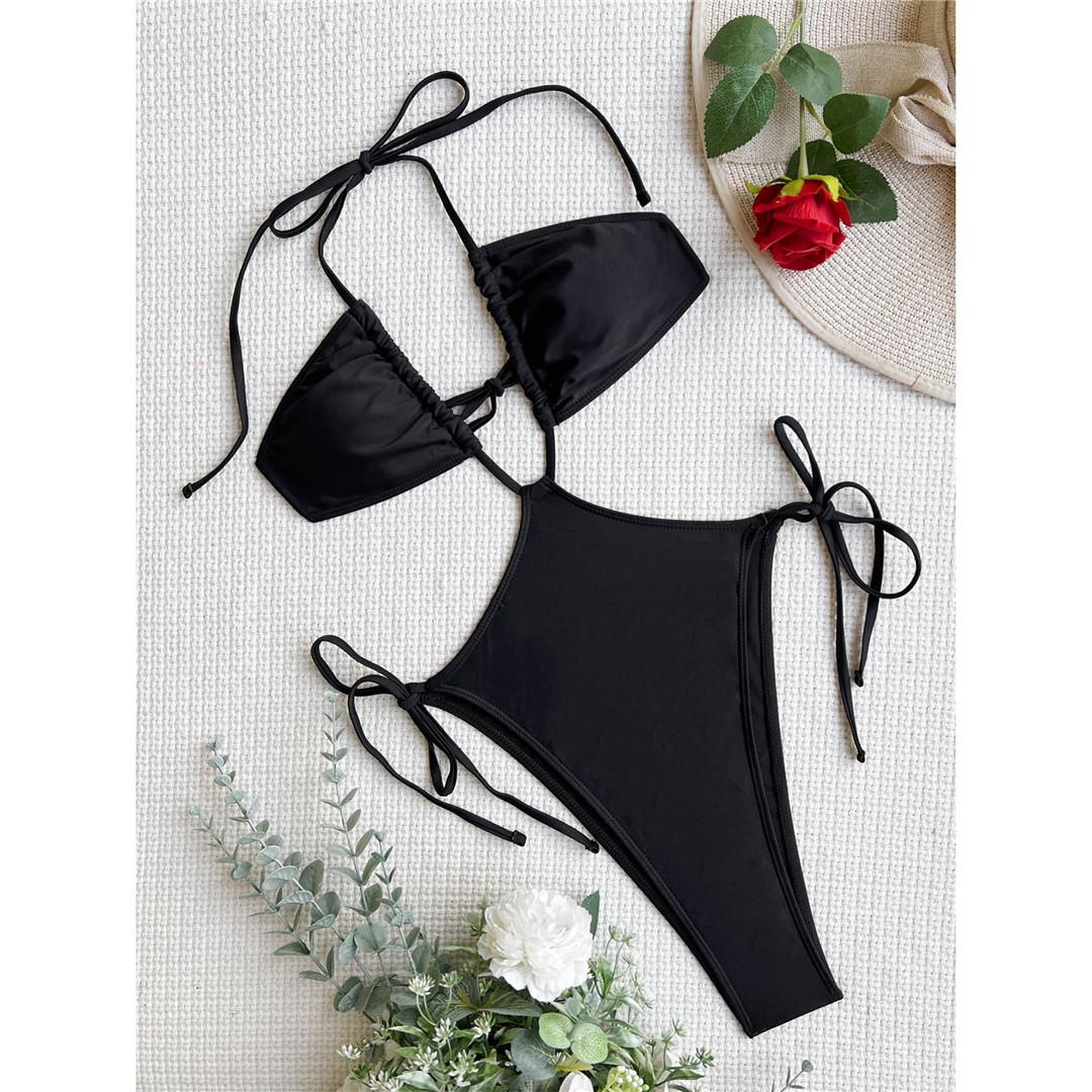 Sexy Neckholder Ausschnitt rückenfrei Monokini Badeanzug Damen Bademode weiblich High Cut rückenfrei Badende Badeanzug Schwimmen M schwarz